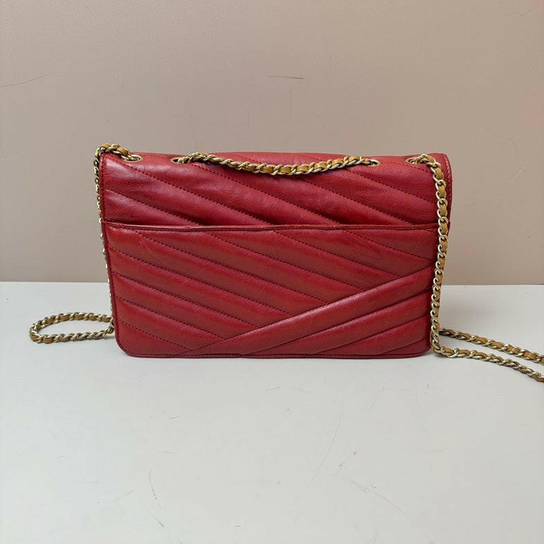 Chanel 2.55 Calfskin Single Flap Bag Red Medium Size with Gold Chain Strap.