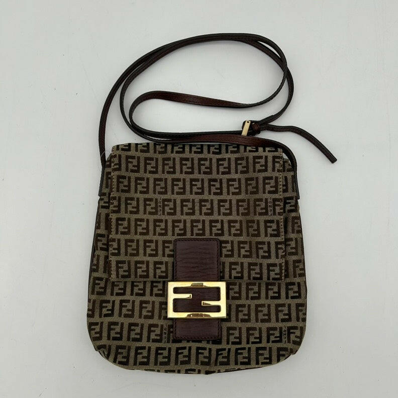 Fendi Zucca Brown Canvas Crossbody Bag with Leather Strap.