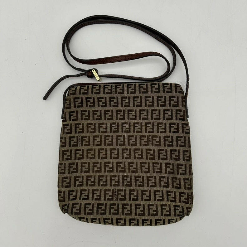 Fendi Zucca Brown Canvas Crossbody Bag with Leather Strap.