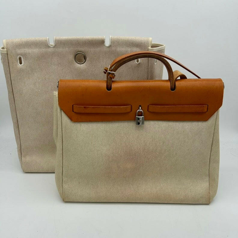 Hermès Canvas Handbag Beige/Brown, Medium Size.