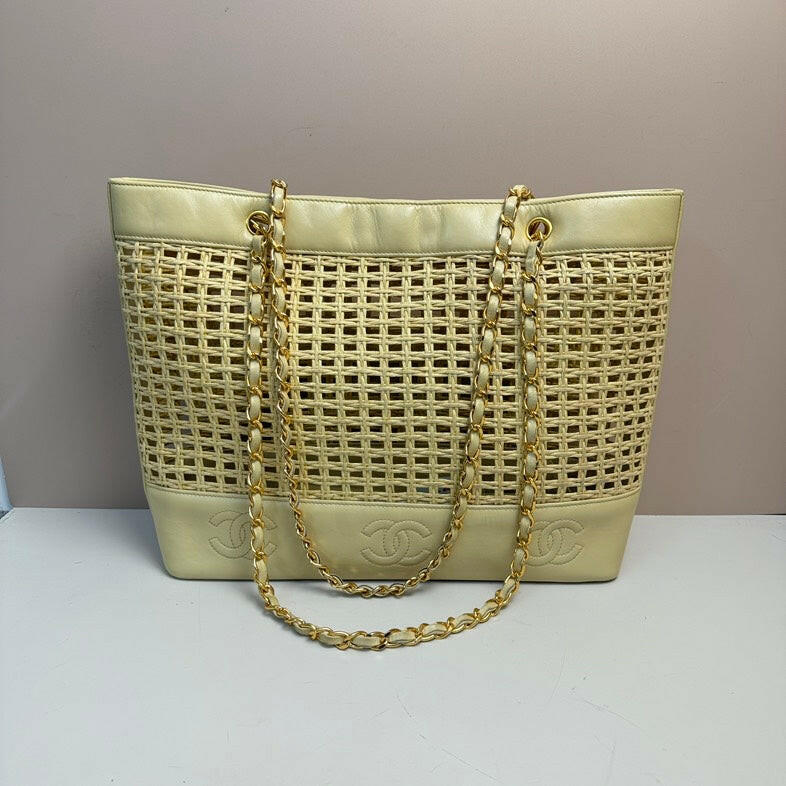 Chanel Beige Leather Straw Chain Tote Bag.