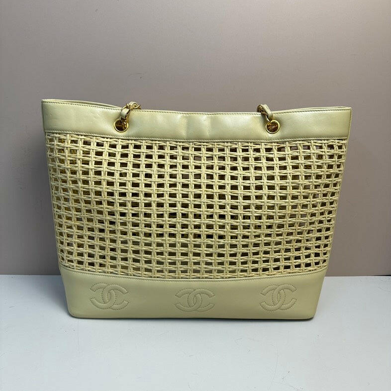 Chanel Beige Leather Straw Chain Tote Bag.