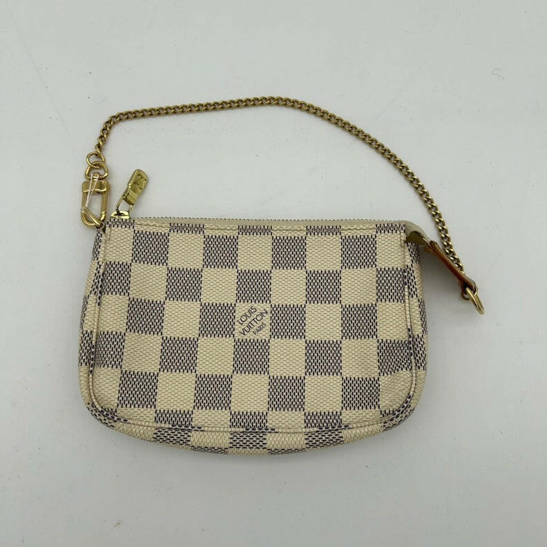 Louis Vuitton Damier Azur PVC Clutch Wristlet Beige 6.3x4.7 Inches with Chain Strap.