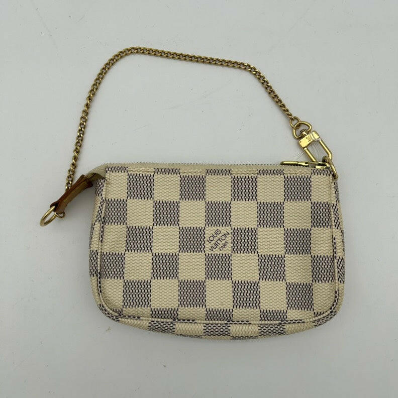 Louis Vuitton Damier Azur PVC Clutch Wristlet Beige 6.3x4.7 Inches with Chain Strap.