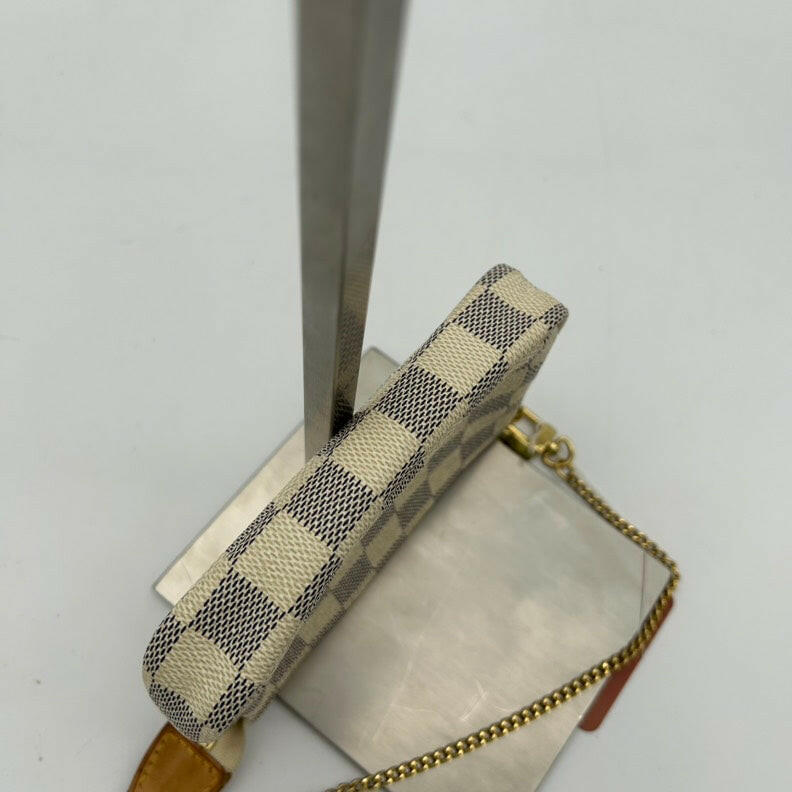 Louis Vuitton Damier Azur PVC Clutch Wristlet Beige 6.3x4.7 Inches with Chain Strap.