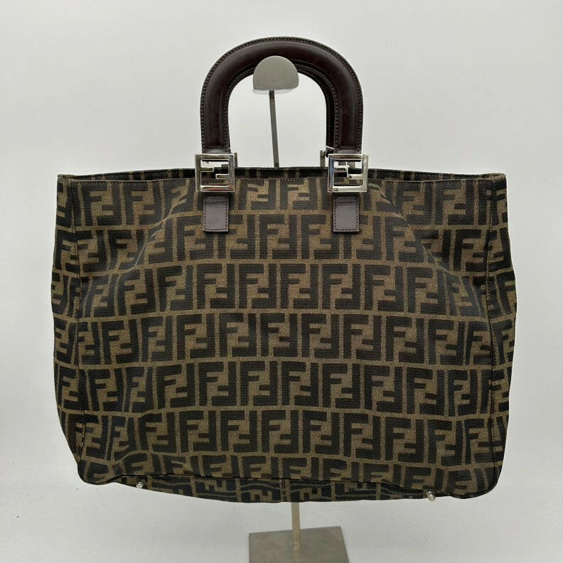 Fendi Medium Canvas Handbag, Brown and Black, Double F Logo Print.