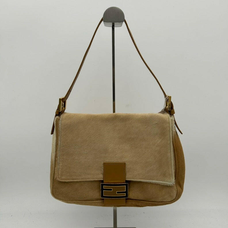 Fendi Medium Beige Leather Shoulder Bag with Brown Strap.