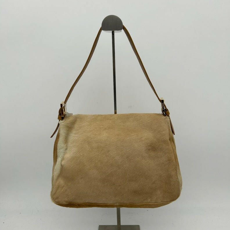 Fendi Medium Beige Leather Shoulder Bag with Brown Strap.