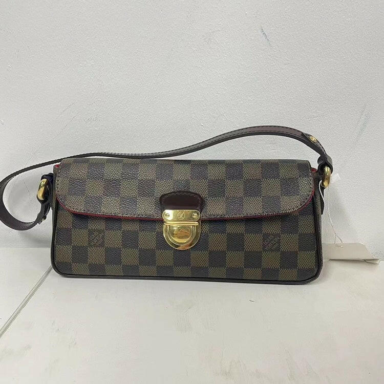 Louis Vuitton Damier Ebene Hobo Bag - Brown Checked Leather Medium Size Handbag.