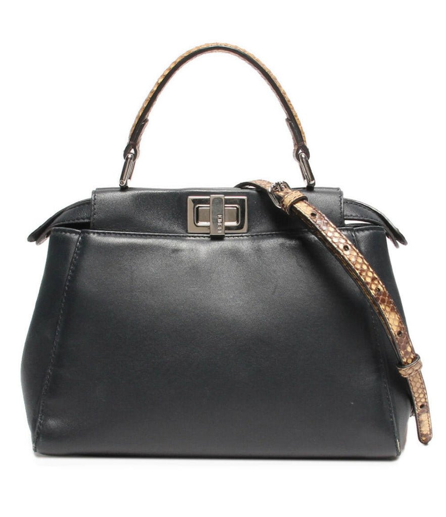 Fendi Peekaboo Black Leather Shoulder Bag with Snake Handle Detailing - Medium Size.