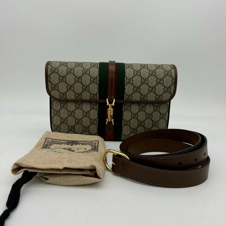 Gucci GG Monogram Canvas Leather Waist Bag Beige Brown - Adjustable Strap Belt Bag.