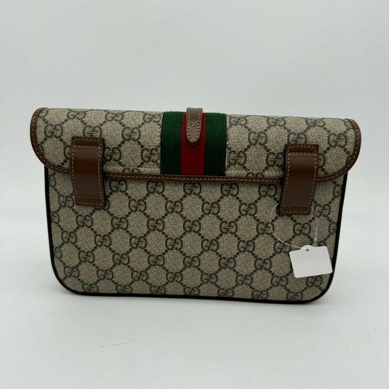 Gucci GG Monogram Canvas Leather Waist Bag Beige Brown - Adjustable Strap Belt Bag.