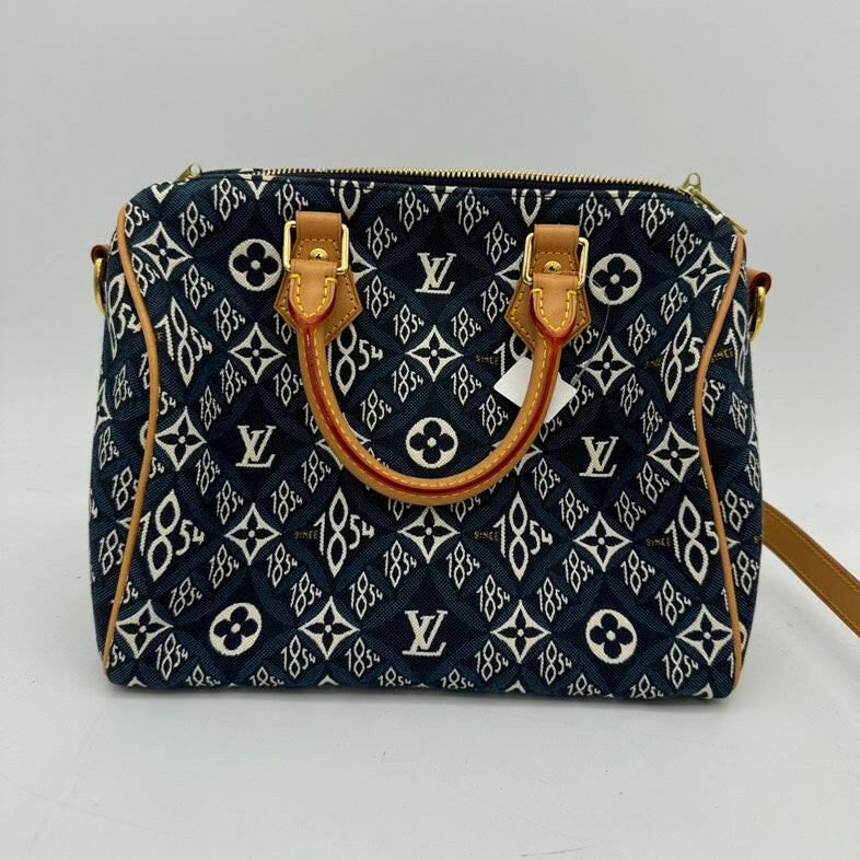 Louis Vuitton Monogram Canvas Blue and Tan 2-Way Shoulder Bag with Leather Trim.