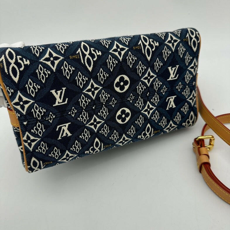 Louis Vuitton Monogram Canvas Blue and Tan 2-Way Shoulder Bag with Leather Trim.