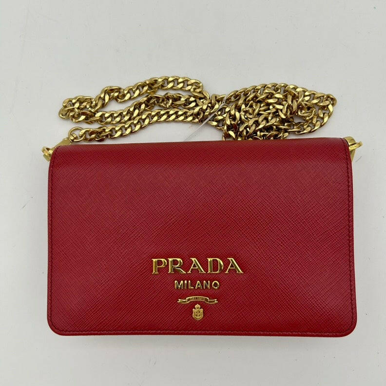 Prada Red Leather Crossbody Bag with Gold Chain - Medium Size.