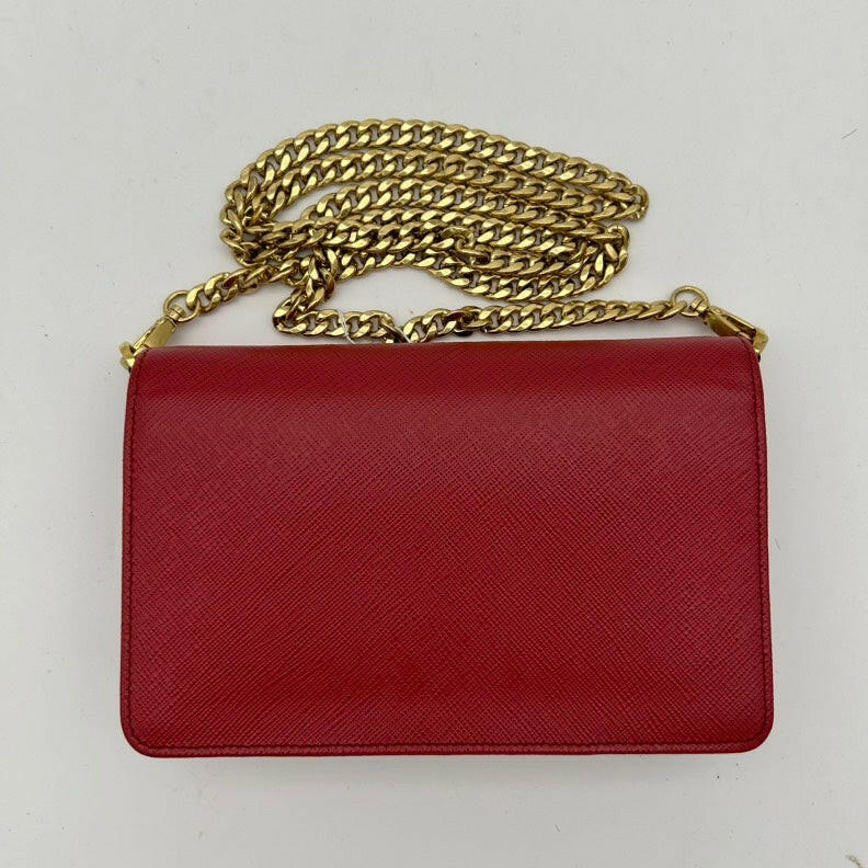 Prada Red Leather Crossbody Bag with Gold Chain - Medium Size.