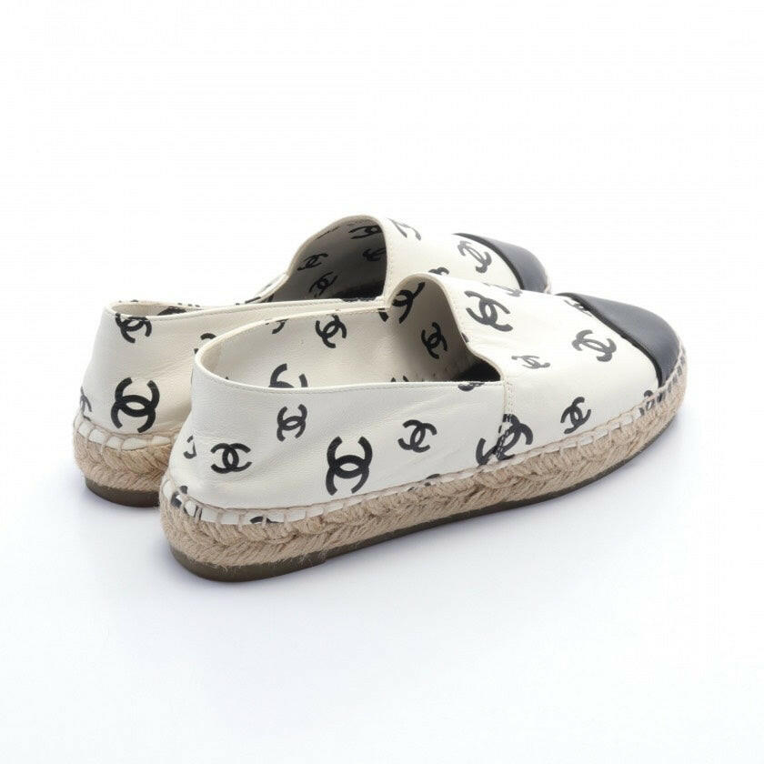 Chanel Leather Espadrilles in White and Black CC Print - Size 37C.