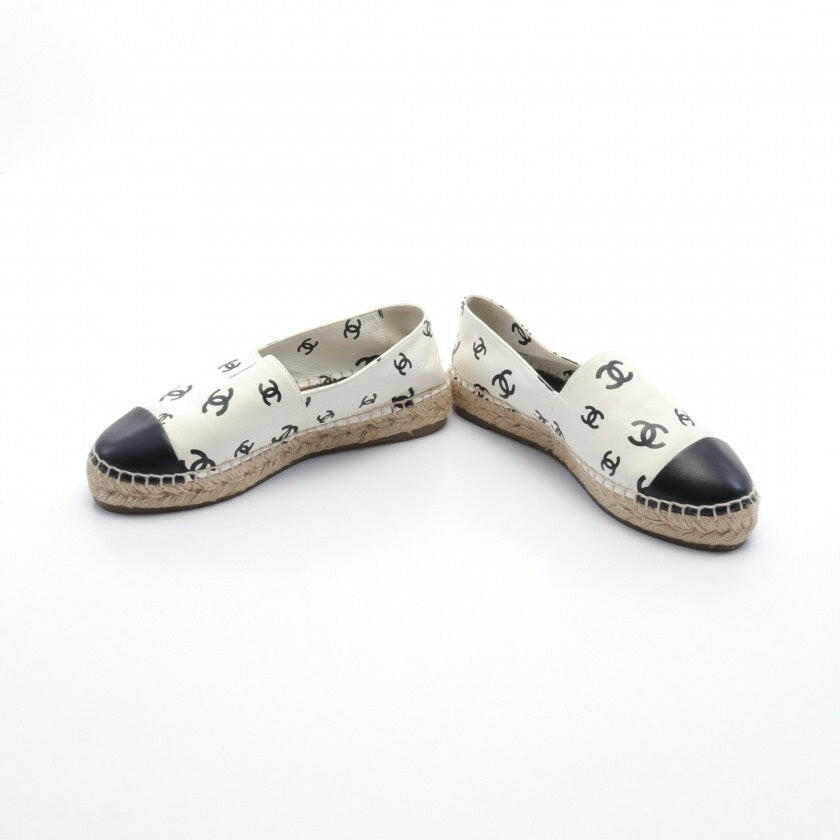 Chanel Leather Espadrilles in White and Black CC Print - Size 37C.