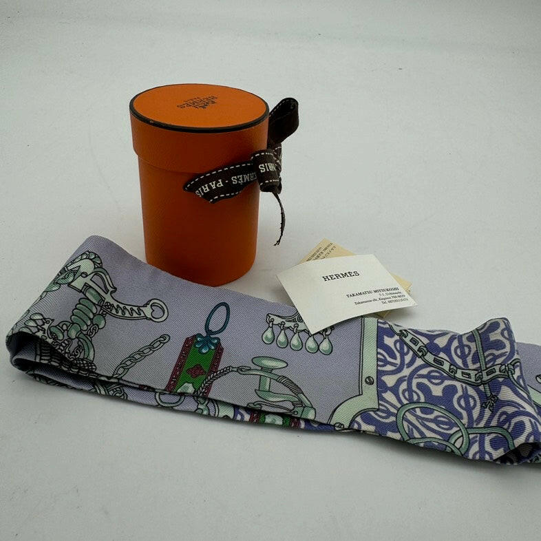 Hermès Lavender Twilly Silk Scarf with Box.