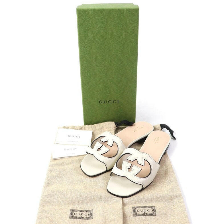 Gucci White Leather Slide Sandals Size 36 with Box and Dust Bags.