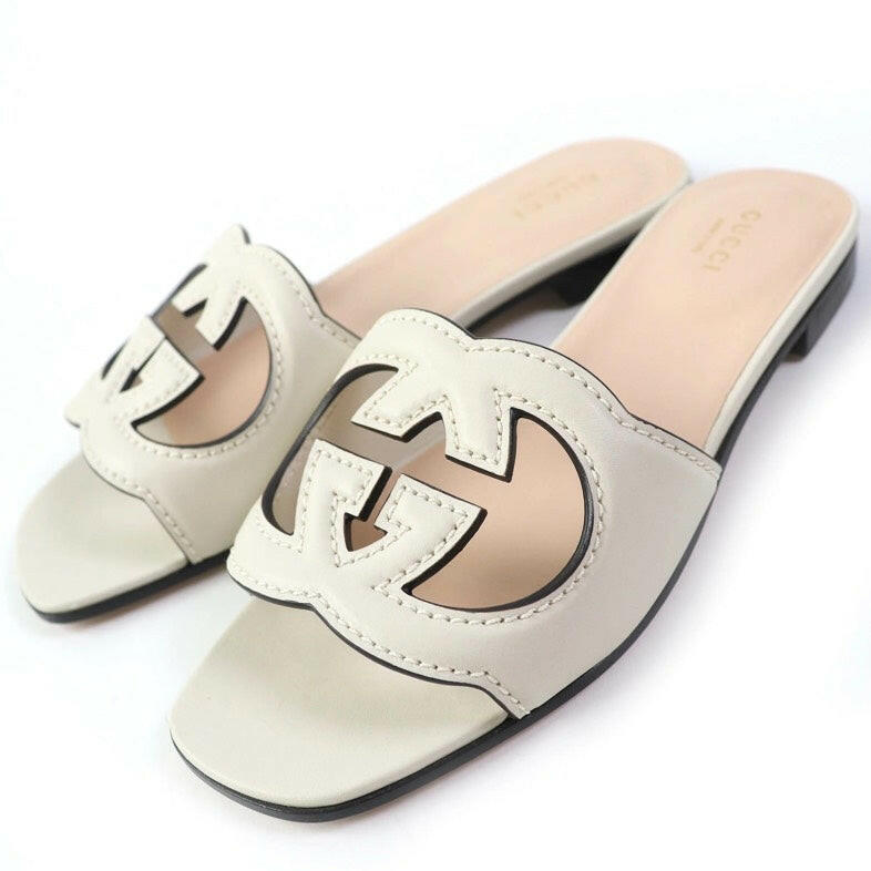 Gucci White Leather Slide Sandals Size 36 with Box and Dust Bags.