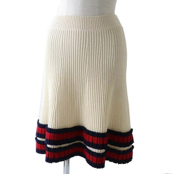 Gucci Beige Wool Pleated Skirt with Red and Navy Stripes - Size Medium.