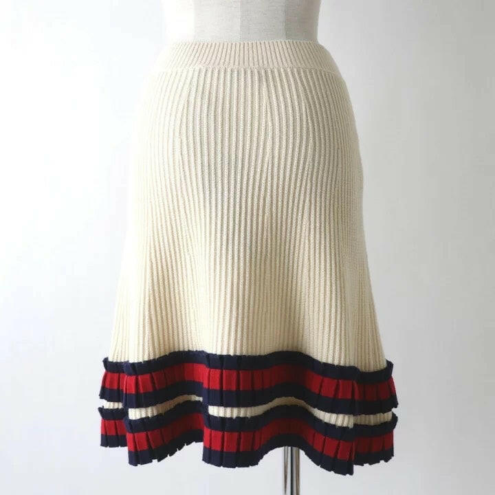 Gucci Beige Wool Pleated Skirt with Red and Navy Stripes - Size Medium.