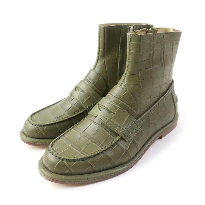 Loewe Olive Green Crocodile Embossed Short Boots Size 35.