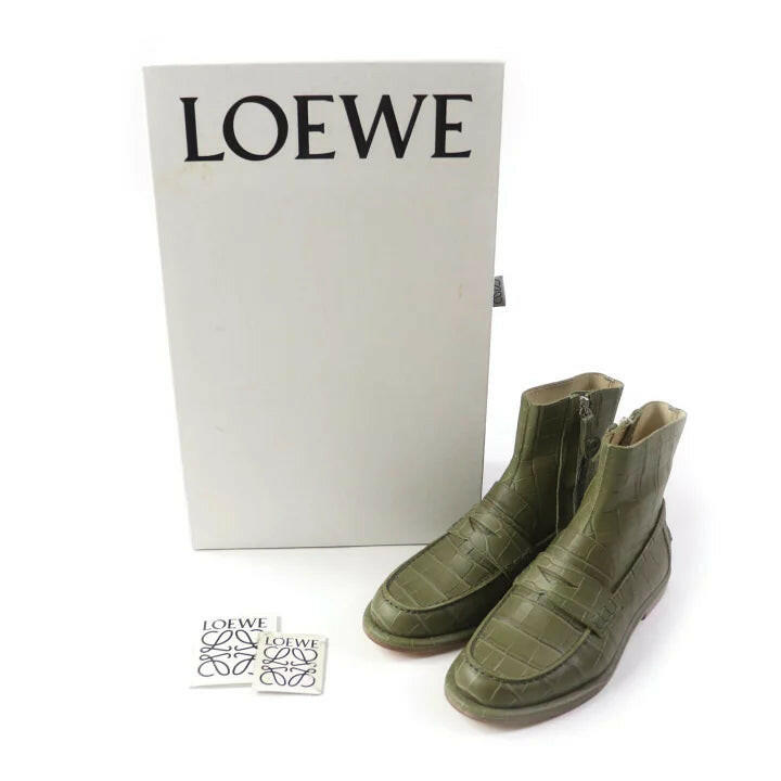 Loewe Olive Green Crocodile Embossed Short Boots Size 35.