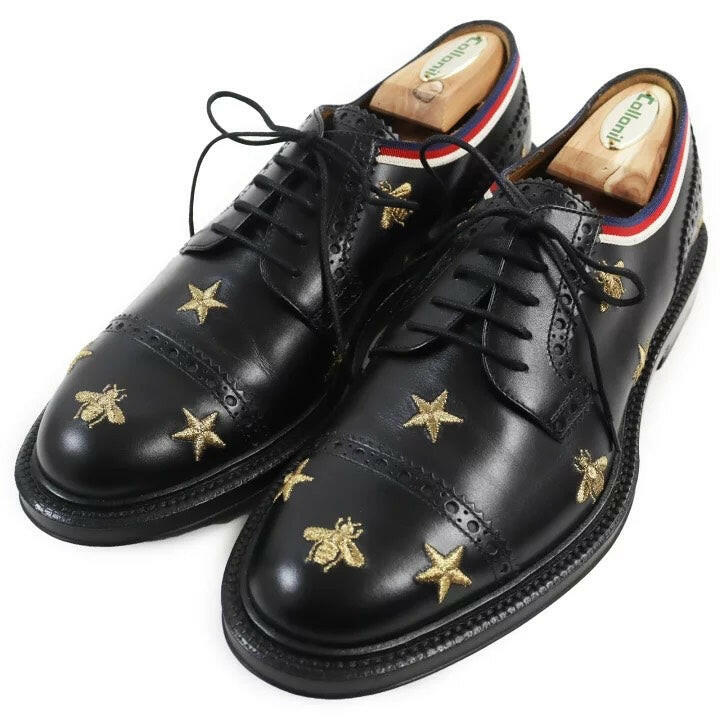 Gucci Black Leather Star and Bee Embroidered Oxford Shoes Size 6.5 F.