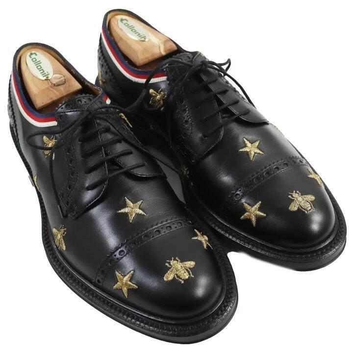 Gucci Black Leather Star and Bee Embroidered Oxford Shoes Size 6.5 F.