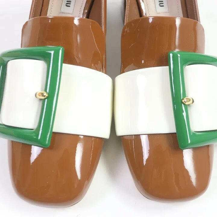 Miu Miu Brown Patent Leather Block Heel Loafers with Green and White Buckle, Size 38.