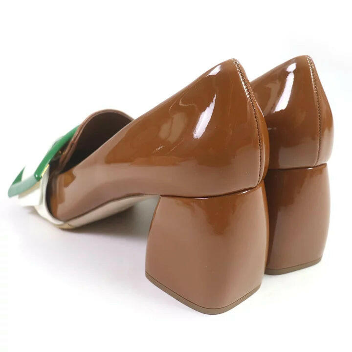 Miu Miu Brown Patent Leather Block Heel Loafers with Green and White Buckle, Size 38.