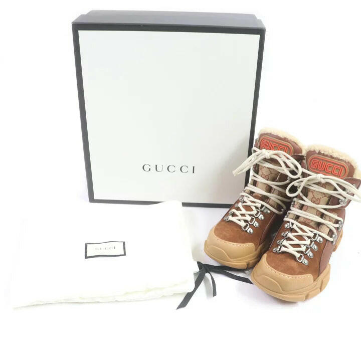 Gucci Suede Leather Canvas Boots Brown Beige Size 36.