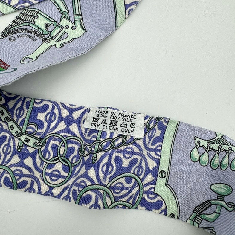 Hermès Silk Twilly Scarf Purple and Mint Green Pattern 85cm.