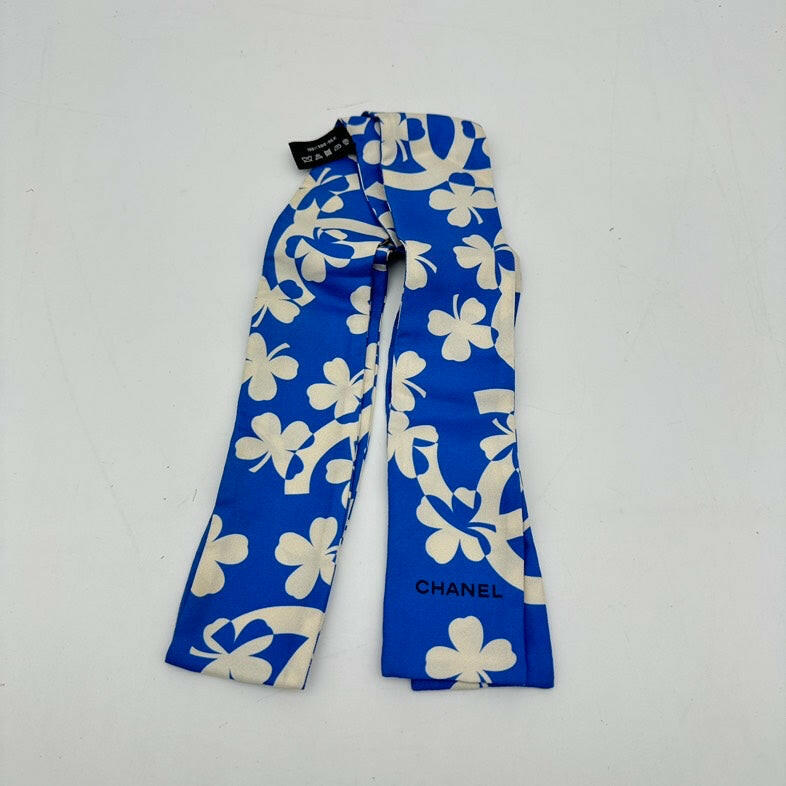 Chanel Blue Floral Silk Twilly Scarf 85cm.