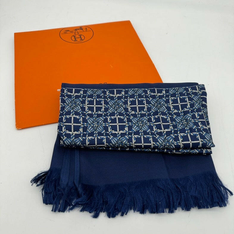 Hermès Wool Silk Scarf Blue Pattern 27"x72".