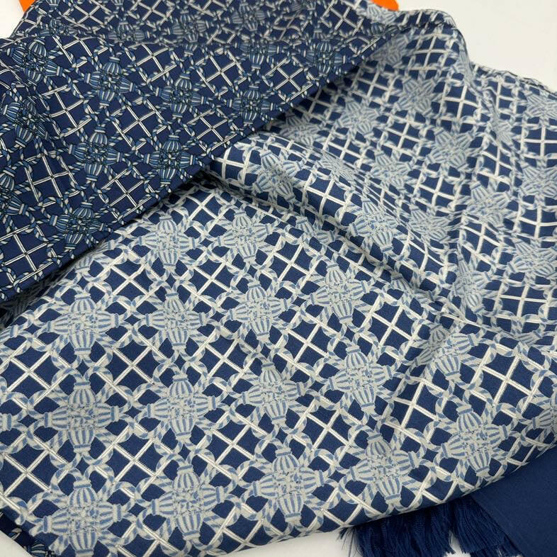 Hermès Wool Silk Scarf Blue Pattern 27"x72".