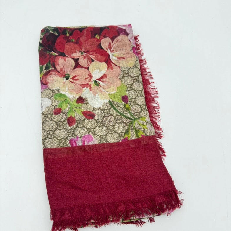 Gucci Wool Silk Floral Print Scarf with Red Border - Multicolor, One Size.