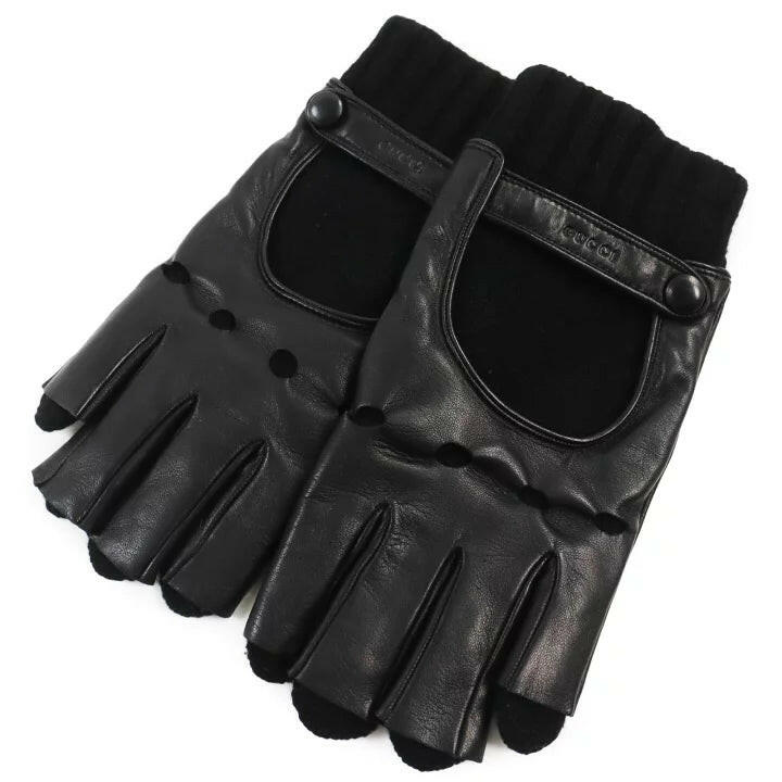 Gucci Black Leather Fingerless Gloves Size Small.