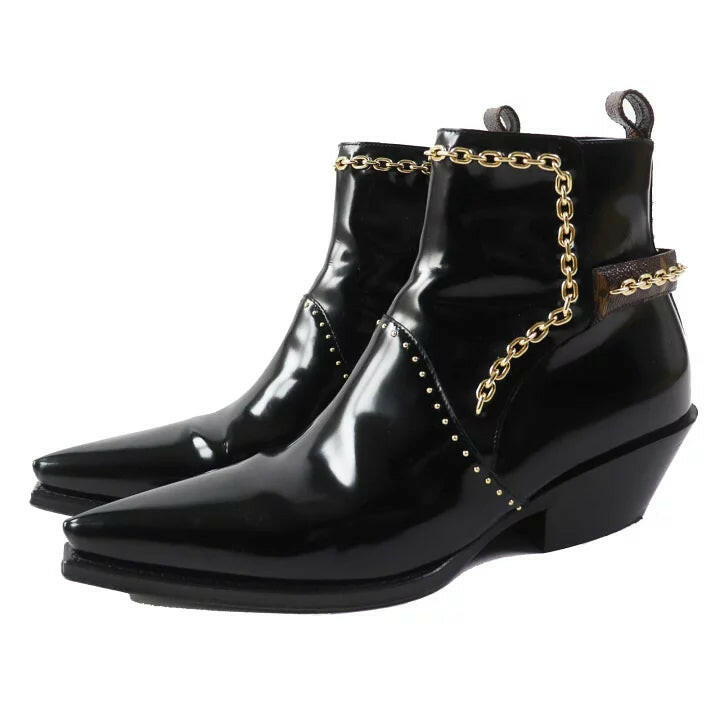 Louis Vuitton Black Patent Leather Ankle Boots with Gold Chain Detailing Size 38.