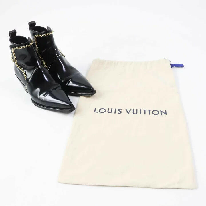 Louis Vuitton Black Patent Leather Ankle Boots with Gold Chain Detailing Size 38.