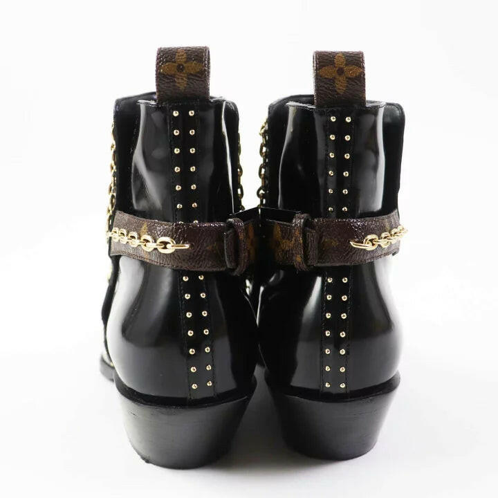 Louis Vuitton Black Patent Leather Ankle Boots with Gold Chain Detailing Size 38.