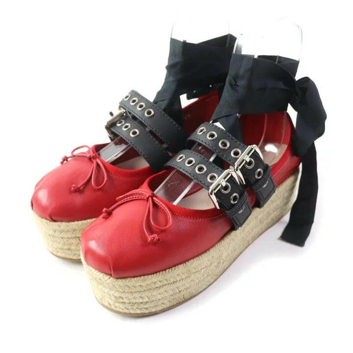 Miu Miu Red Platform Espadrilles with Black Buckles and Ribbon - Size 37.