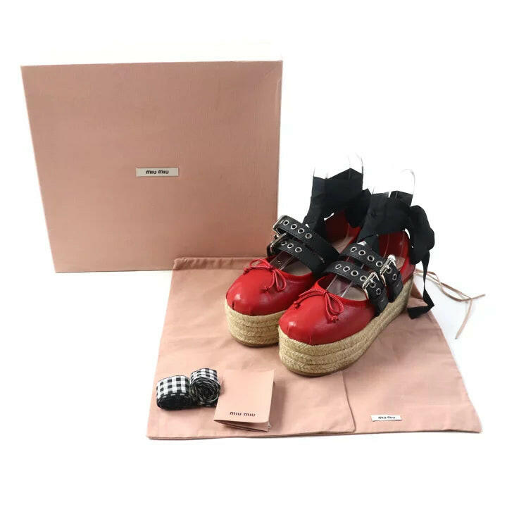 Miu Miu Red Platform Espadrilles with Black Buckles and Ribbon - Size 37.