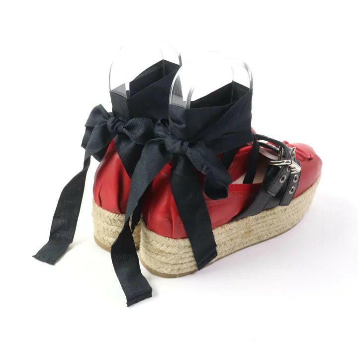 Miu Miu Red Platform Espadrilles with Black Buckles and Ribbon - Size 37.